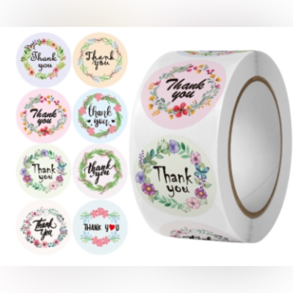 1" Round Frames Thank You Stickers Roll 8 Floral Designs NWT​ 500 pcs​​​ - Picture 2 of 2
